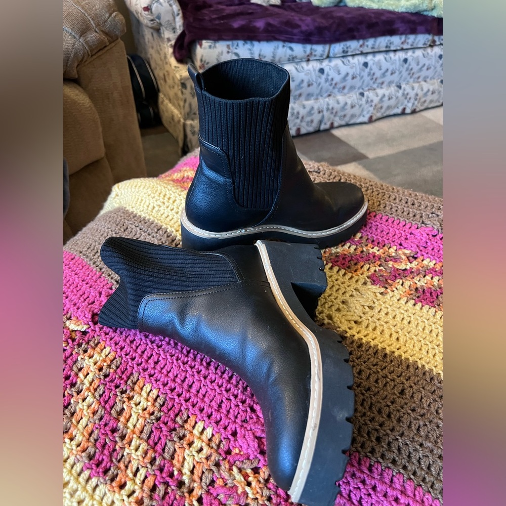 3 inch heel black leather boots with knit ankle trim